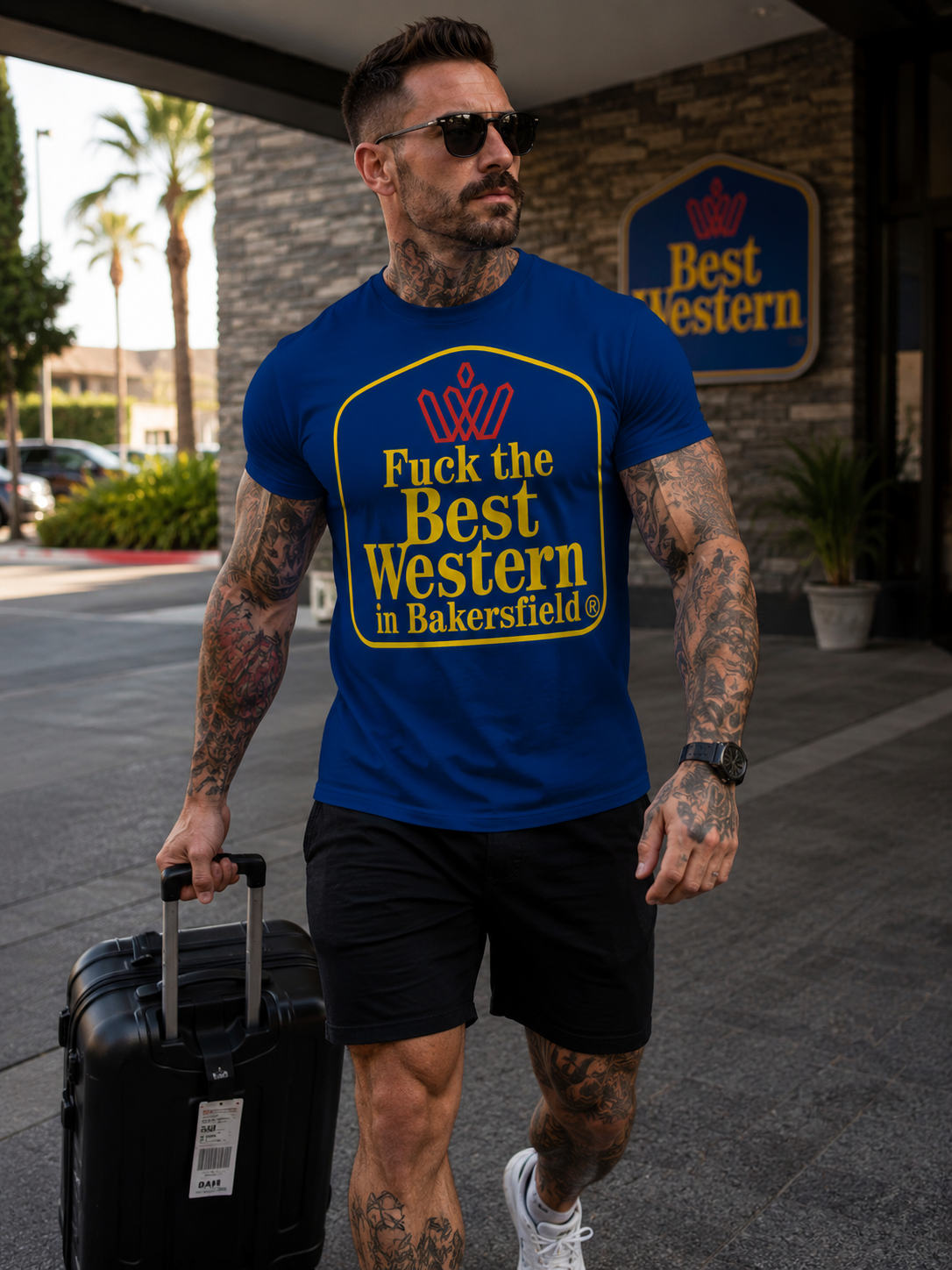 Graphic T-Shirt — “Fuck the Best Western in Bakersfield” Vintage Motel Parody
